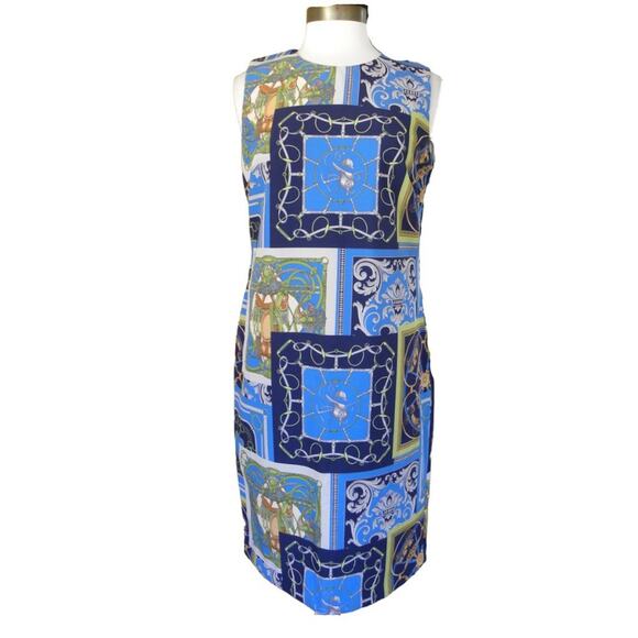 J. McLaughlin Belinda Sheath Dress Equestrian Heraldic Patchwork Print Blue - Picture 3 of 11